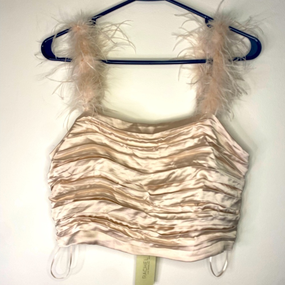 NWT‎ Rachel Zoe Crop Tank Top Beige With Feathers On Strap Size Medium Holiday